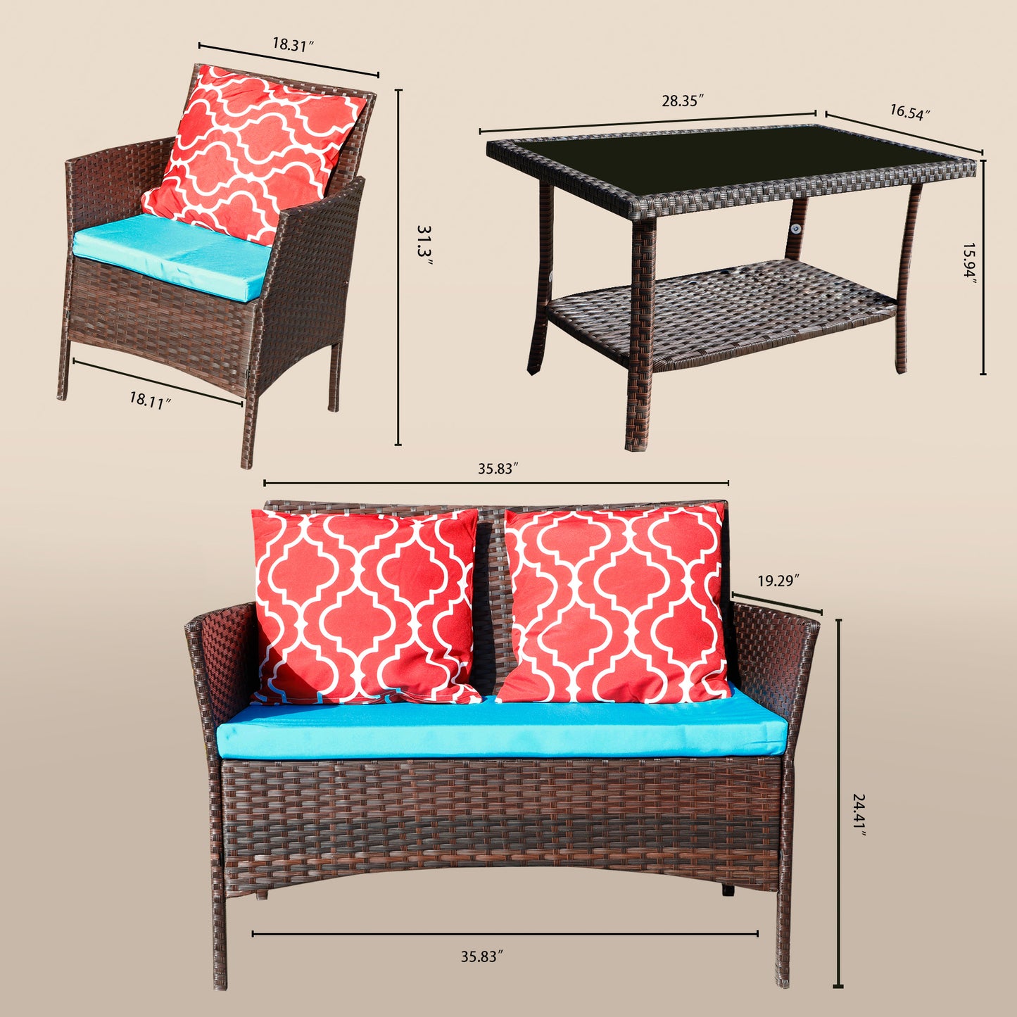 Four-Piece Sofa Set Table With Sofa Chair PE Rattan Outdoor Furniture W3152P269436 Box1 With Sapphire Blue Color Cushion