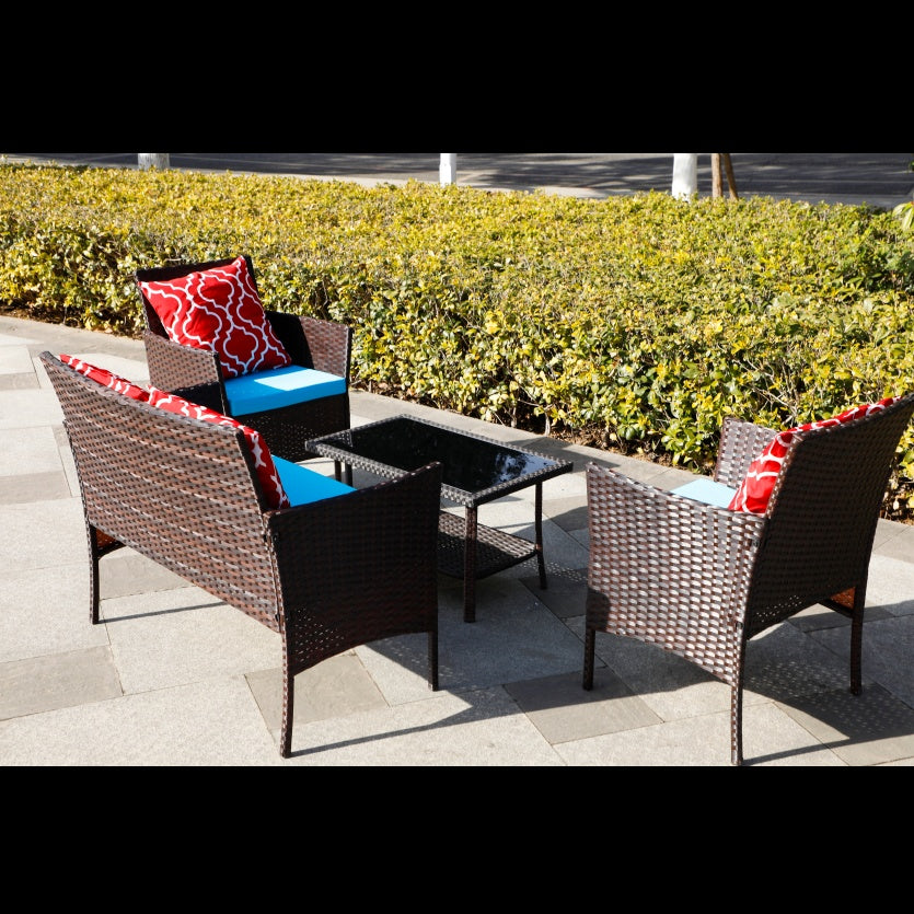 Four-Piece Sofa Set Table With Sofa Chair PE Rattan Outdoor Furniture W3152P269436 Box1 With Sapphire Blue Color Cushion