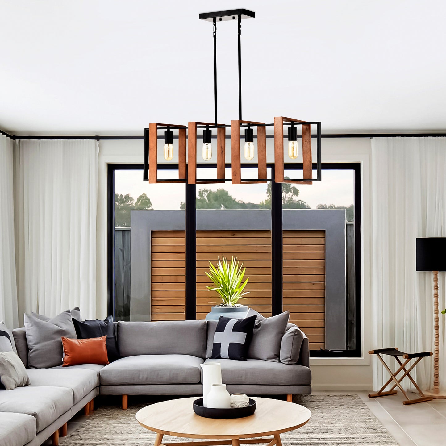 4-Light Kitchen Island Lights Pendant Light Farmhouse Dining Room Light Fixture, Rustic Wood And Black Metal Rectangular Chandelier, Hanging Lighting For Living Room,Conference Room, Home Office