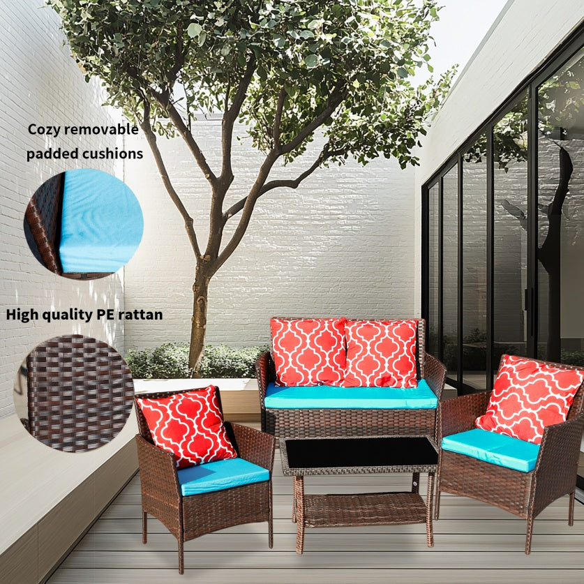 Four-Piece Sofa Set Table With Sofa Chair PE Rattan Outdoor Furniture W3152P269436 Box1 With Sapphire Blue Color Cushion